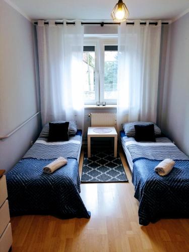 - 2 lits dans une chambre avec fenêtre dans l'établissement Przyjemna Miejscówka, à Gorzów Wielkopolski