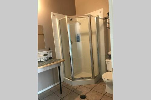 a bathroom with a shower and a toilet at Stone Haven Inn in Valemount