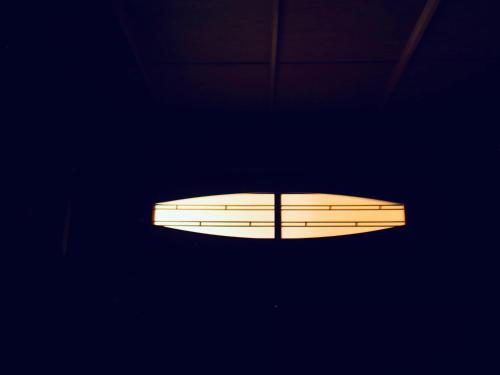 a light hanging from the ceiling of a room at Bakushuku Den Guest House Brew in Matsuyama