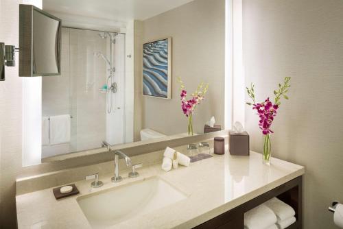 uma casa de banho com um lavatório e um espelho grande em Hyatt Regency San Francisco Airport em Burlingame
