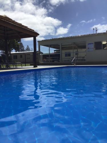 a large blue swimming pool in front of a building at Ceduna Foreshore Caravan Park in Ceduna