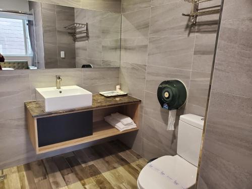La salle de bains est pourvue d'un lavabo et de toilettes. dans l'établissement Aegean Garden Motel, à Wujie