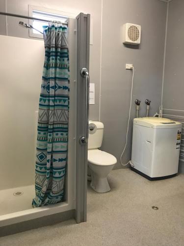 a bathroom with a toilet and a shower curtain at Lake Callide Retreat in Biloela