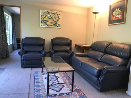 ein Wohnzimmer mit einem Ledersofa und Stühlen in der Unterkunft Ngapuna Cottage in Christchurch