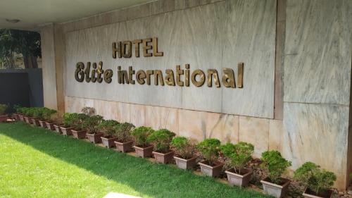 une rangée de plantes en pot devant un site hôtelier international dans l'établissement Hotel Elite International, à Thrissur