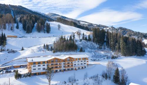 a large building in the snow with a mountain at Skylodge Alpine Homes in Haus im Ennstal