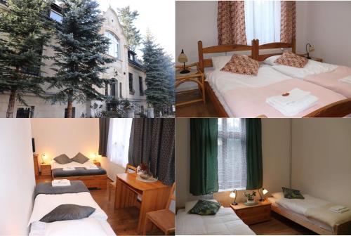 uma colagem de três fotos de um quarto de hotel com uma árvore de Natal em Dworek pod świerkami em Jelenia Góra