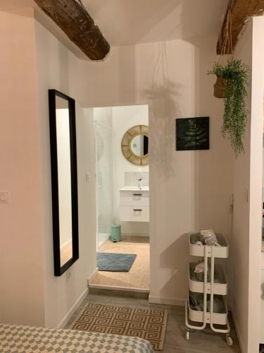 une salle de bain avec un miroir et un lavabo dans l'établissement Magnifique nid douillet au coeur du Panier SooHome, à Marseille