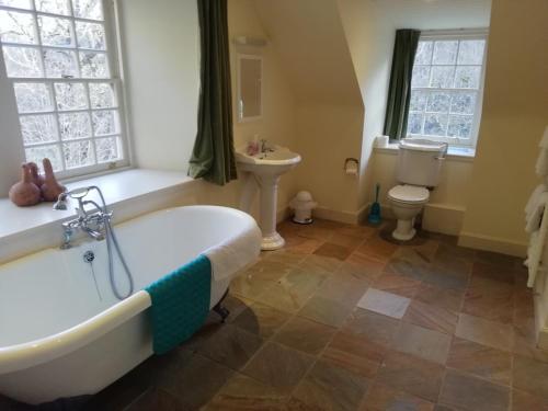 a bathroom with a tub and a toilet and a sink at Forget Me Not Holiday Cottage in Dalmellington