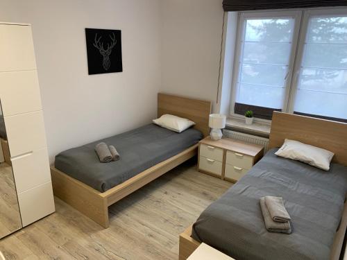 1 dormitorio con 2 camas y ventana en Pokoje ANTRACYT, en Skarzysko-Kamienna