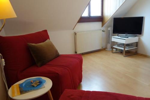 a living room with a red couch and a flat screen tv at Pension am Helenenwall in Cologne
