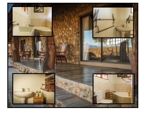 uma colagem de fotos de uma casa de banho com lavatórios e espelhos em Thornhill Guest House in the middle of a nature reserve em Hoedspruit