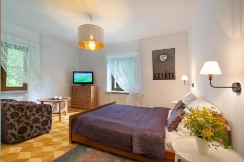 ein Schlafzimmer mit einem Bett, einem Sofa und einem TV in der Unterkunft Willa Ostoja in Kazimierz Dolny