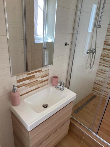 a bathroom with a sink and a shower at SATYS Apartments in Ostrava