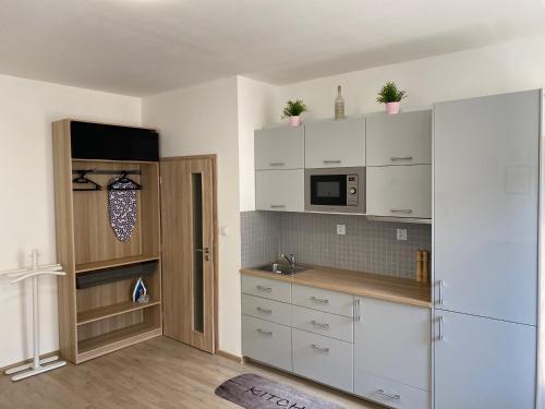 kuchnia z białymi szafkami i kuchenką mikrofalową w obiekcie SATYS Apartments w Ostravie