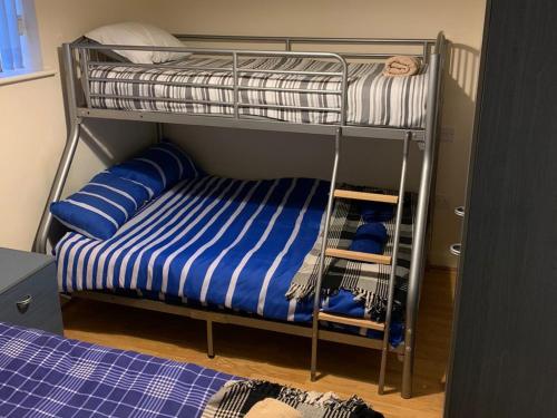 マンチェスターにあるCosy Apartmentのベッドルーム1室(二段ベッド2組、青と白のシーツ付)