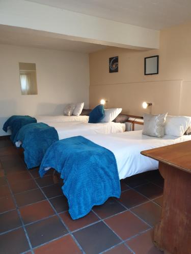 a room with three beds with blue blankets on them at Zebra Crossing Backpacker in Cape Town