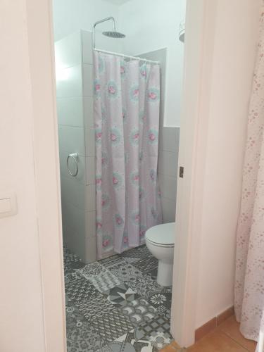 a bathroom with a shower curtain and a toilet at Sol y Sombra Apartamento con entrada independiente in Isla del Moral