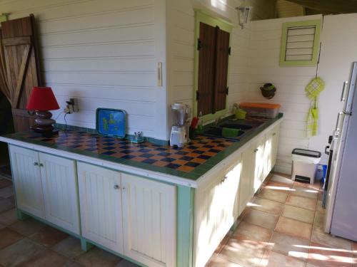 a kitchen with a sink and a counter top at Domaine des Deux Mares in Le Moule