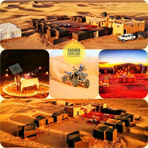 a group of four pictures of a desert with a motorcycle at Sahara Luxury Camp VIP in Merzouga