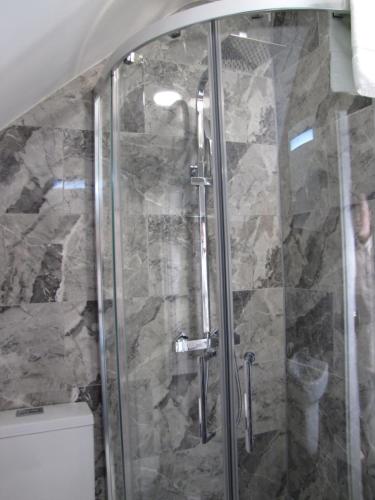 a shower in a bathroom with a stone wall at Rolfs Country House in Baltimore