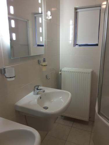 ein weißes Badezimmer mit einem Waschbecken und einem Spiegel in der Unterkunft Meenestee, Borculo in Borkulo