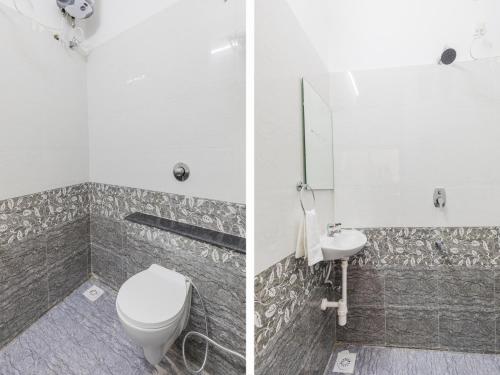 two pictures of a bathroom with a toilet and a sink at Amrit Hotel, Bhopal in Bhopal