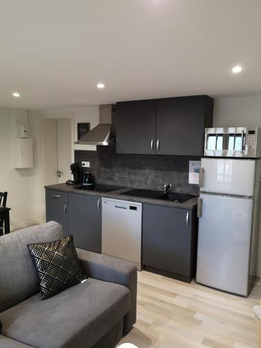 - une cuisine avec une cuisinière et un canapé dans la chambre dans l'établissement Le Cocon de Tom, à Colmar