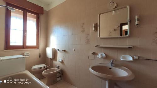 a bathroom with a sink and a toilet and a mirror at orlando in Porto Garibaldi
