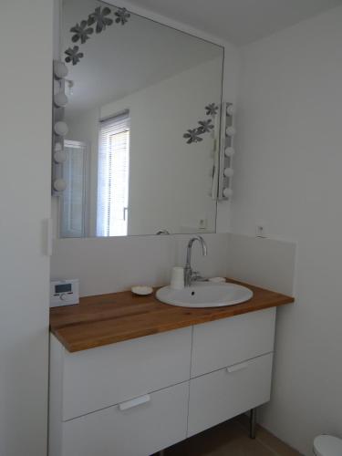 une salle de bain avec un lavabo et un miroir dans l'établissement La Fermette de TREGASTEL, classée 3 étoiles, à Trégastel