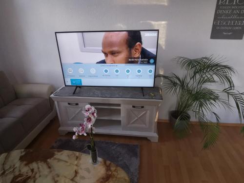 TV en una mesa en la sala de estar en Pension und Ferienwohnung Stadt Altenburg en Altemburgo
