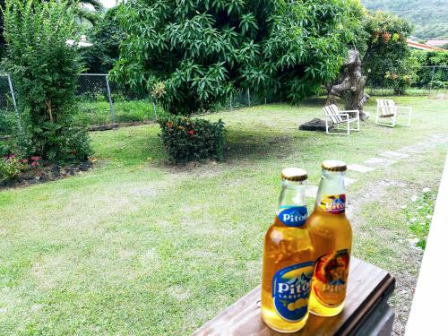 two bottles of beer sitting on top of a table at Habitat Apartments in Gros Islet