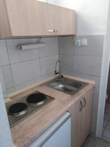 a kitchen with a sink and a counter top at Apartmani Lav in Sutomore