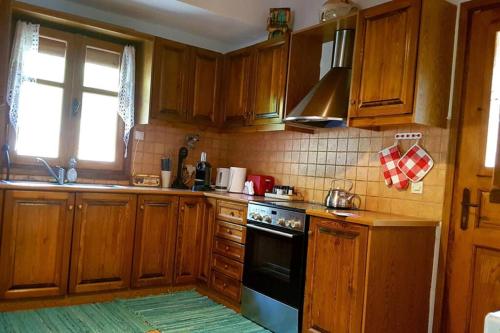 a kitchen with wooden cabinets and a stove top oven at Elati Hills in Vytina