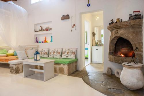 a living room with a couch and a fireplace at Oliveyard Stone Built House- with pool non chlorin in Koskinou