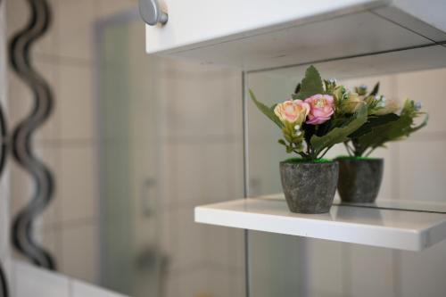 a shelf with two vases with flowers on it at Apartman Ćorić Posušje in Posušje