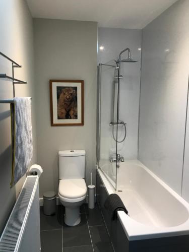 a bathroom with a tub and a toilet and a shower at The West Lodge -dog friendly, cosy, Scottish Borders cottage in Berwick-Upon-Tweed
