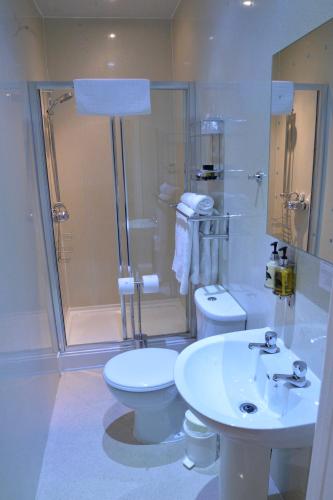 a bathroom with a toilet and a sink and a shower at Lauriston & Lawton Court Hotel in Llandudno