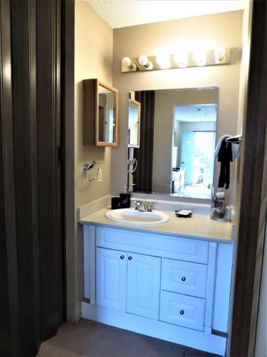 a bathroom with a white sink and a mirror at RANCHLAND Inn in Nanton