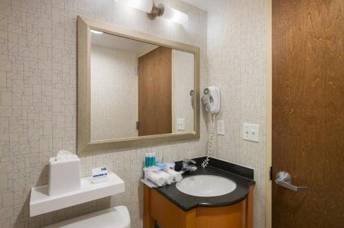 a bathroom with a sink and a mirror and a toilet at Holiday Inn Express - Times Square, an IHG Hotel in New York