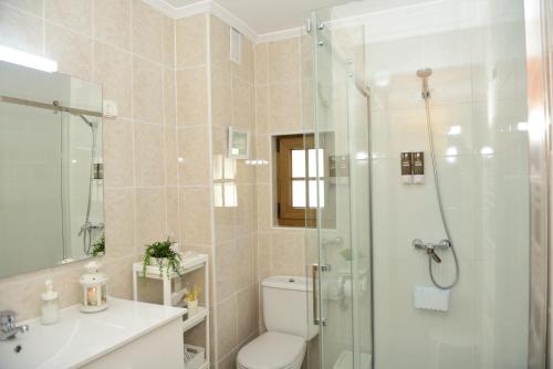 a bathroom with a shower and a toilet and a sink at "LAS CAMELIAS SOMO" un lugar para desconectar!! Vistas al MAR!! in Somo