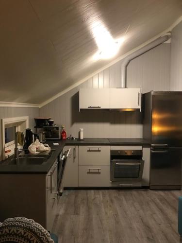 a kitchen with a sink and a stove top oven at Kjelkebakken gård 2. in Lyngseidet