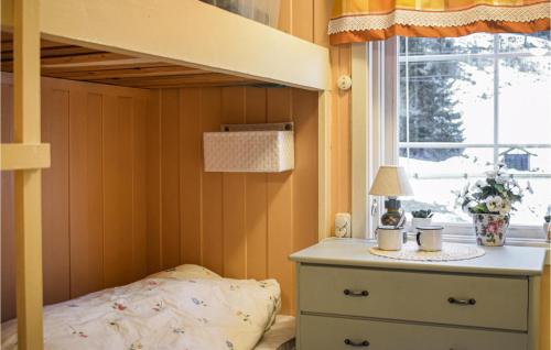 a bedroom with a bunk bed with a dresser and a window at Heggebu in Vråliosen