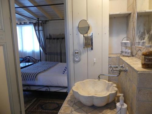 a bathroom with a sink in a room with a bed at Domaine de l’Escuderia in Parentis-en-Born