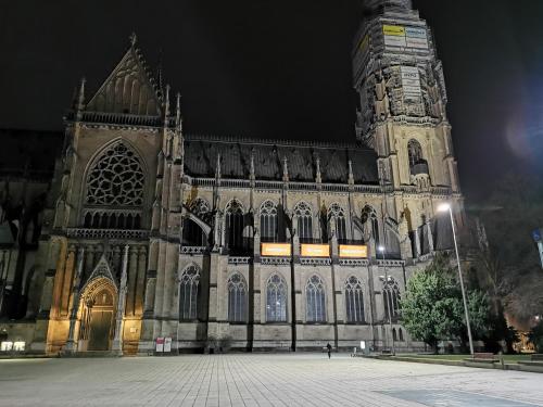 a large cathedral with a clock tower at night at FEWO am Neuen Dom in Linz