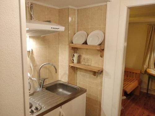 a small kitchen with a sink and plates on the wall at Villa Gurevitch - 4 lägenheter med sängplats för två i varje lägenhet in Urshult