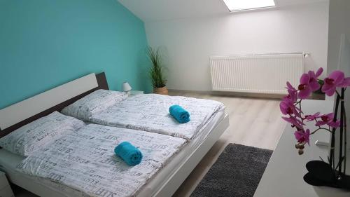 Promenad Apartman في موهاكس: غرفة نوم عليها سرير ووسادتين زرقاوين