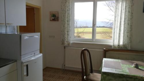 eine kleine Küche mit einem Tisch und einem Fenster in der Unterkunft Haus Luisi in Hitzendorf