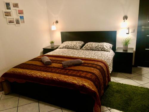 1 dormitorio con 1 cama grande y 2 almohadas en Localita Polin 15, apartamenti 21, en Tione di Trento