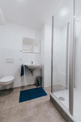 a bathroom with a toilet and a sink and a shower at Hotel Restaurant Adria Stuben Brühl in Brühl